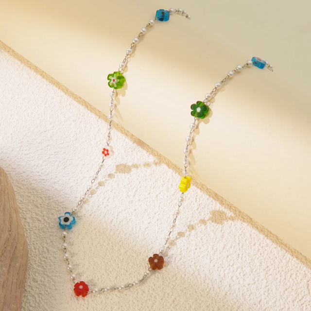 Silver Colorful Flowers Necklace