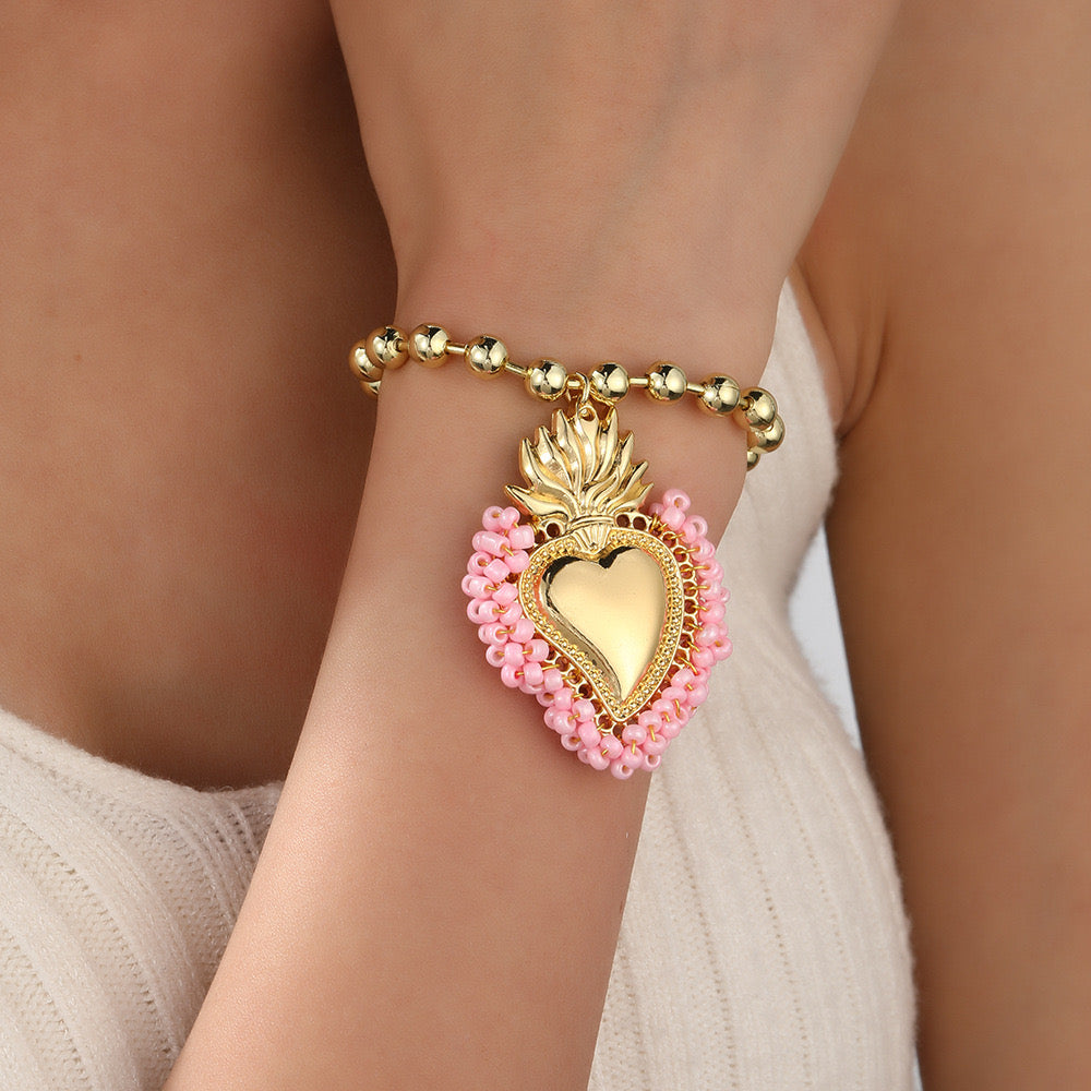 Pink Copper Beaded Plating Heart Shape Bracelet